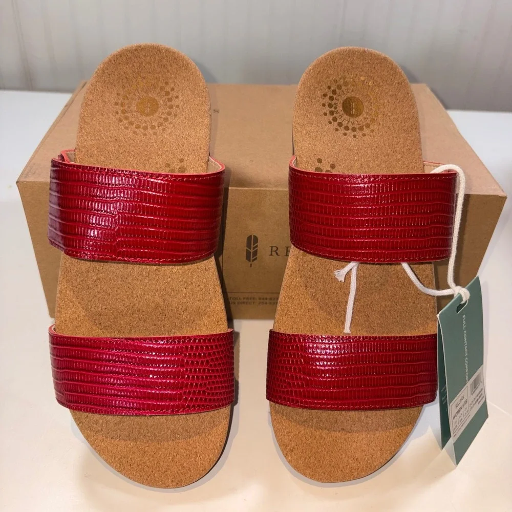 Revitalign Sullivan Slide Sandals 8.5 Red Snake Print Leather Orthotic Comfort